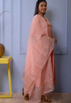 Foil Printed Chanderi Silk Pakistani Suit in Peach