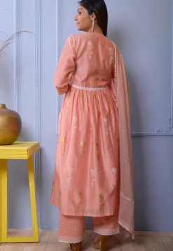Foil Printed Chanderi Silk Pakistani Suit in Peach