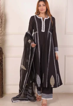 Foil Printed Chanderi Silk Aline Suit in Black