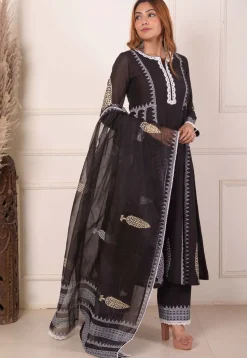 Foil Printed Chanderi Silk Aline Suit in Black