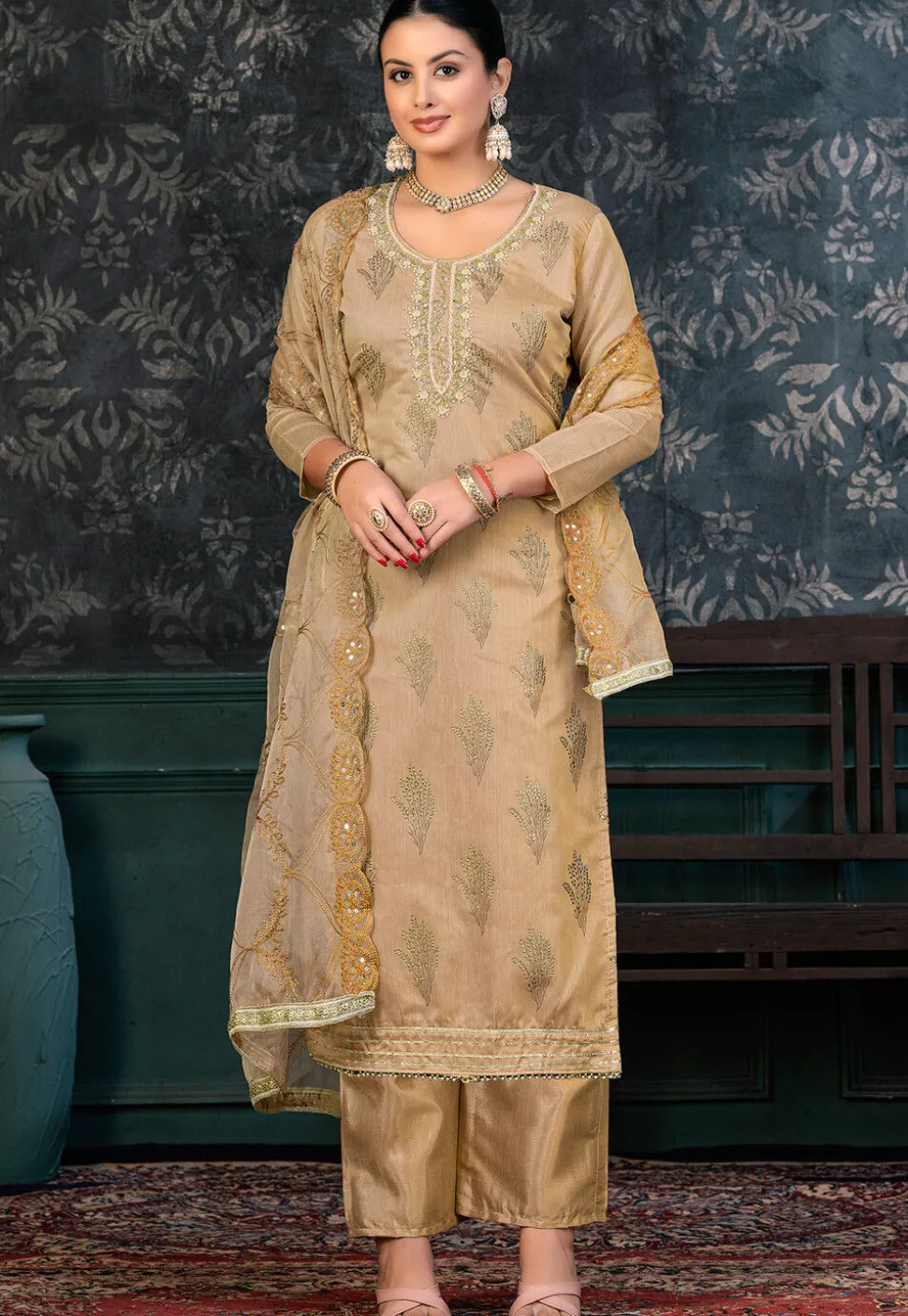 Foil Printed Chanderi Silk Pakistani Suit in Beige