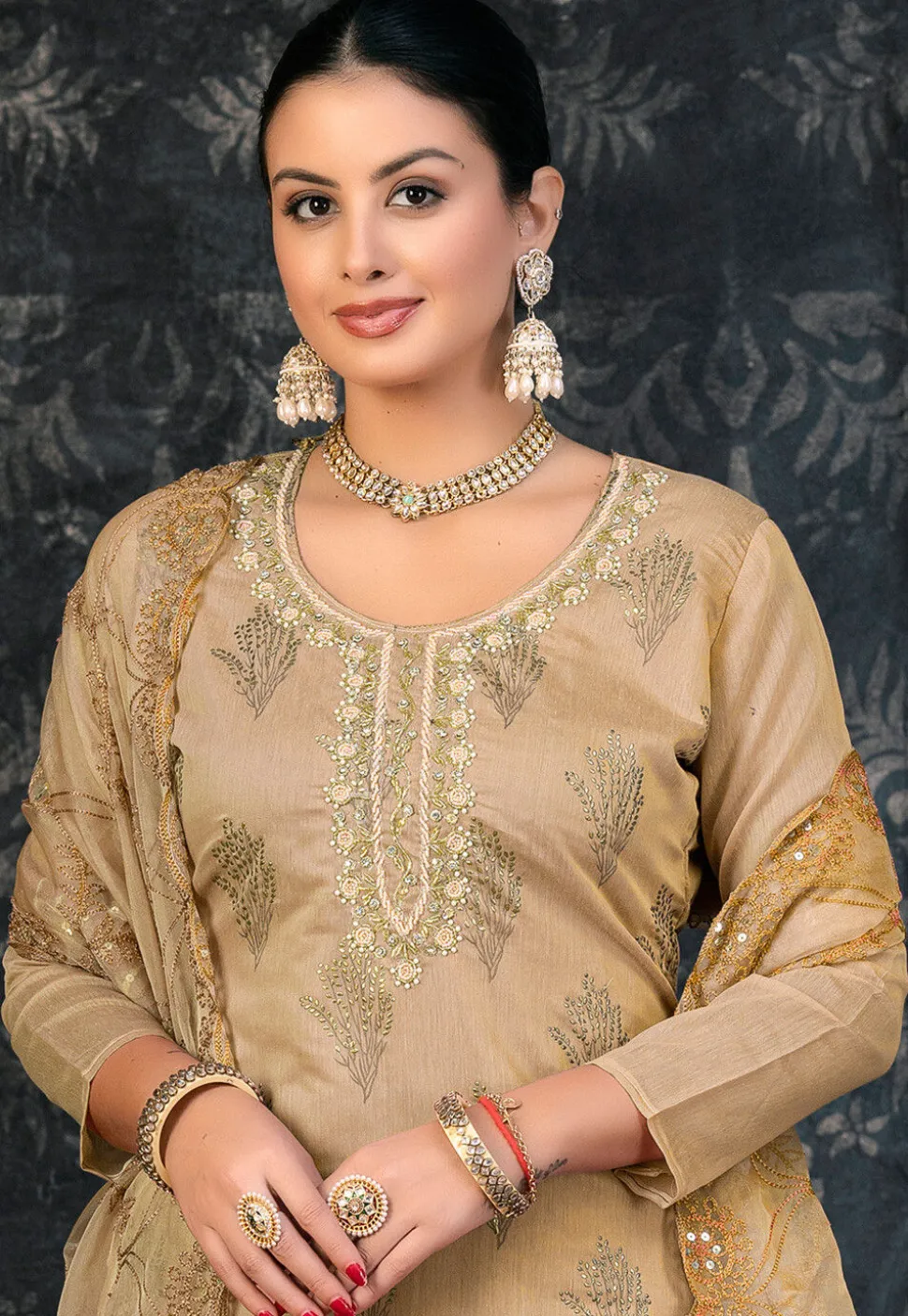 Foil Printed Chanderi Silk Pakistani Suit in Beige