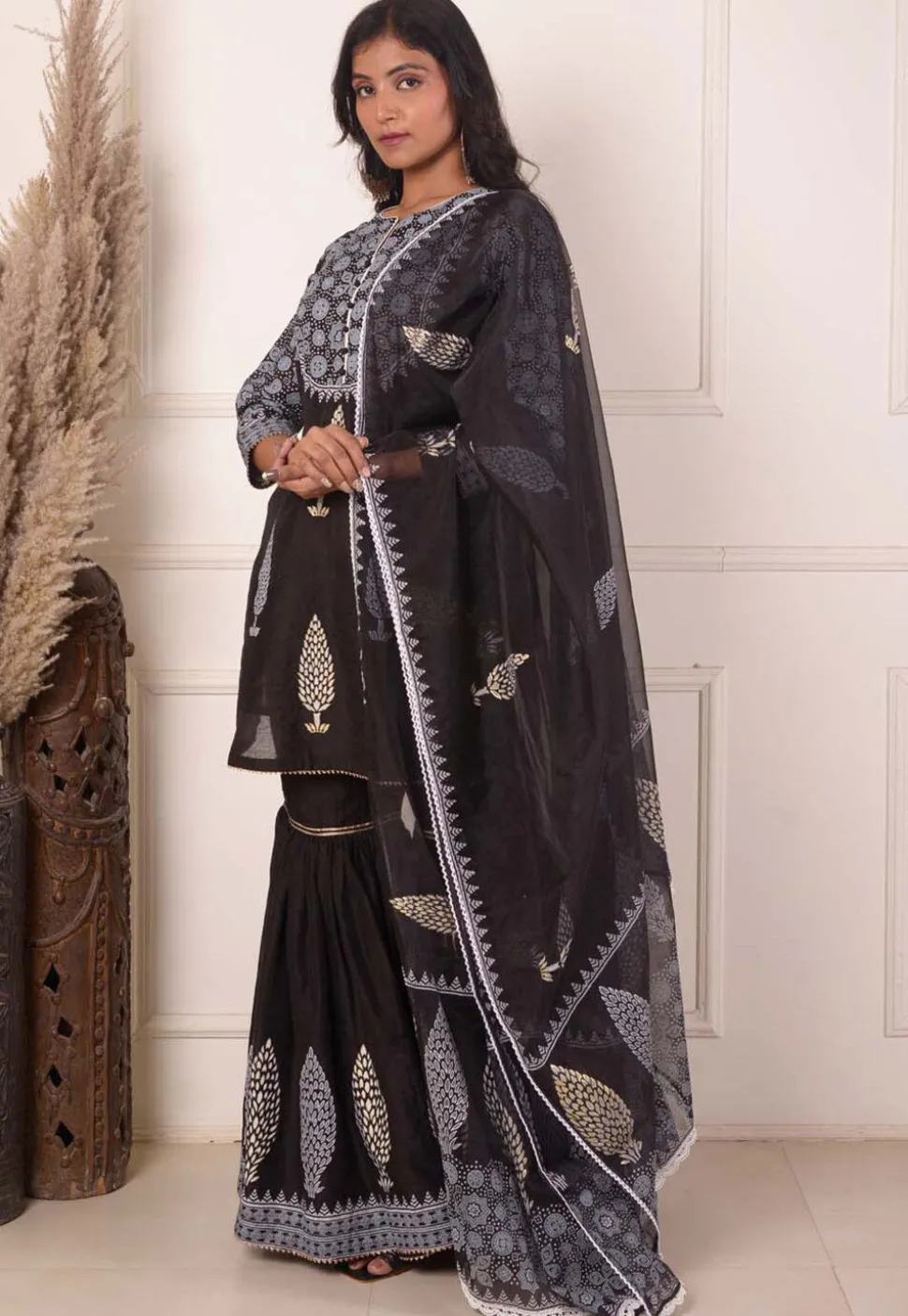 Foil Printed Chanderi Silk Pakistani Suit in Black