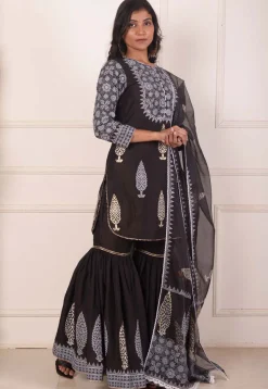 Foil Printed Chanderi Silk Pakistani Suit in Black