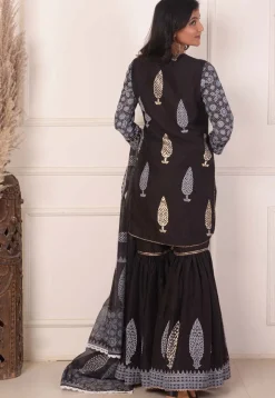 Foil Printed Chanderi Silk Pakistani Suit in Black