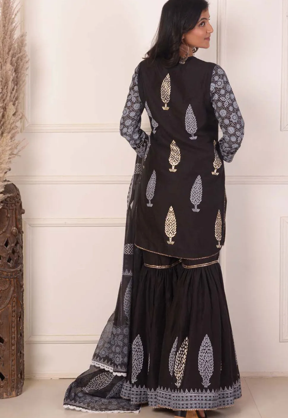 Foil Printed Chanderi Silk Pakistani Suit in Black