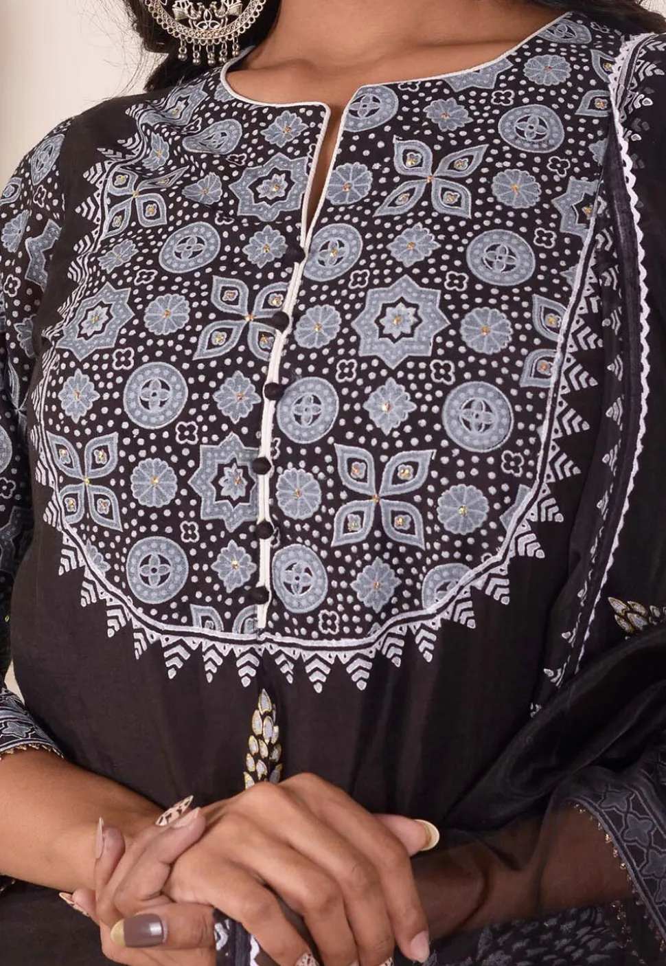 Foil Printed Chanderi Silk Pakistani Suit in Black