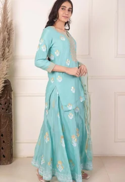 Foil Printed Chanderi Silk Pakistani Suit in Light Teal Blue