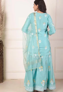 Foil Printed Chanderi Silk Pakistani Suit in Light Teal Blue