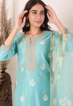 Foil Printed Chanderi Silk Pakistani Suit in Light Teal Blue
