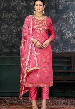 Foil Printed Chanderi Silk Pakistani Suit in Pink