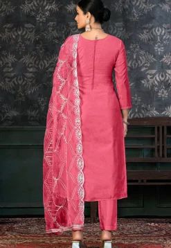 Foil Printed Chanderi Silk Pakistani Suit in Pink