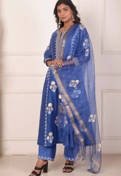 Foil Printed Chanderi Silk Aline Suit in Navy Blue