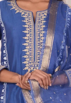 Foil Printed Chanderi Silk Aline Suit in Navy Blue