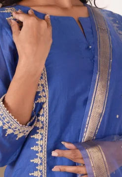 Foil Printed Chanderi Silk Aline Suit in Navy Blue
