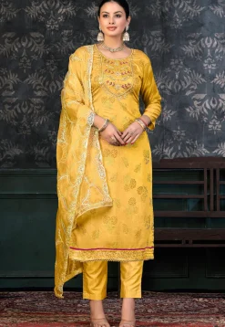 Foil Printed Chanderi Silk Pakistani Suit in Yellow