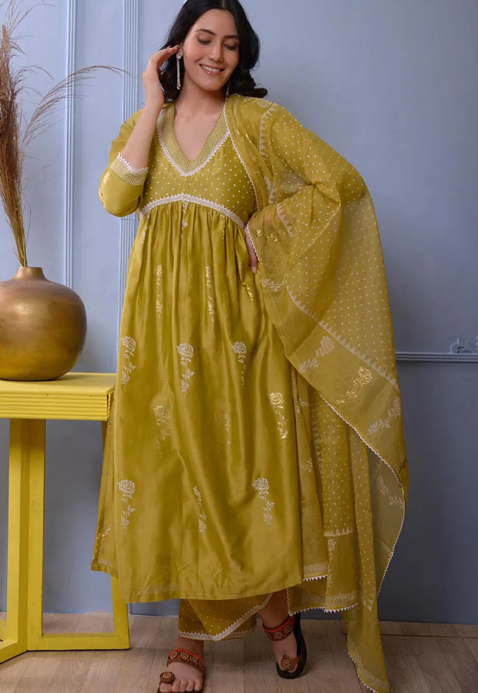 Foil Printed Chanderi Silk Pakistani Suit in Light Green