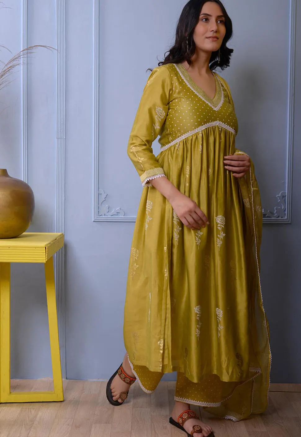 Foil Printed Chanderi Silk Pakistani Suit in Light Green
