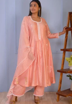 Foil Printed Chanderi Silk Pakistani Suit in Peach