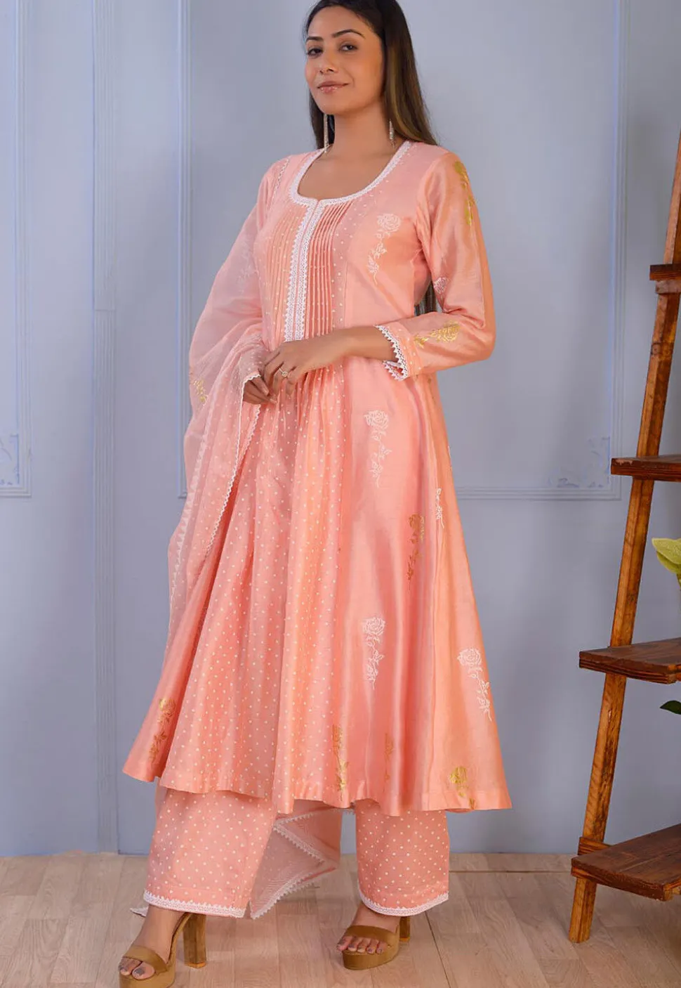 Foil Printed Chanderi Silk Pakistani Suit in Peach