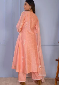 Foil Printed Chanderi Silk Pakistani Suit in Peach