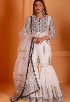 Foil Printed Chanderi Silk Pakistani Suit in Off White