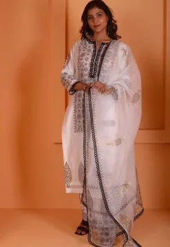 Foil Printed Chanderi Silk Pakistani Suit in Off White