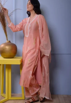 Foil Printed Chanderi Silk Pakistani Suit in Peach