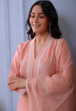 Foil Printed Chanderi Silk Pakistani Suit in Peach