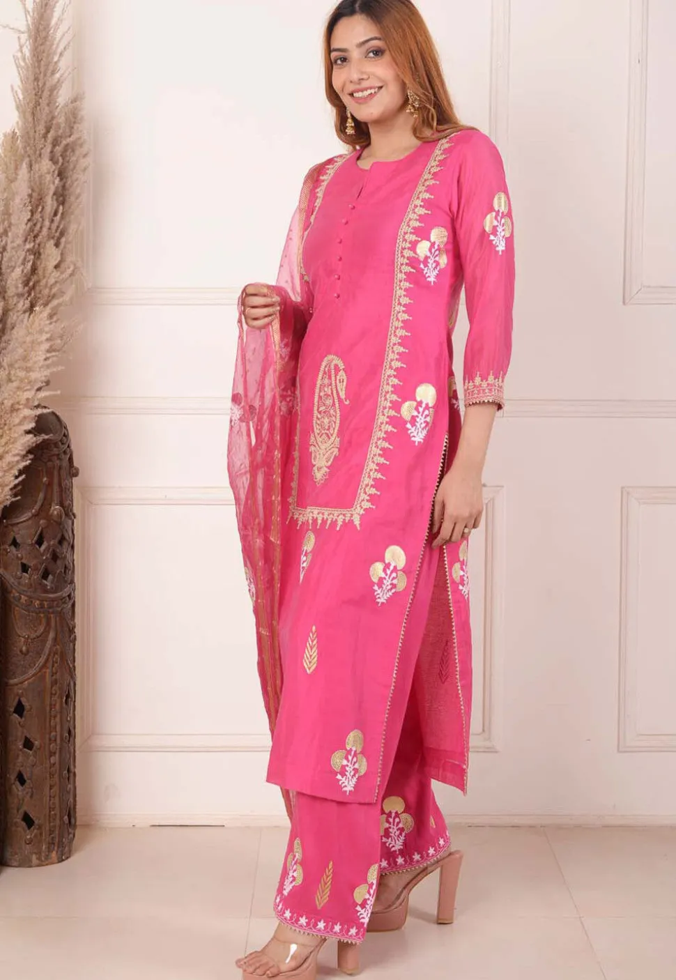 Foil Printed Chanderi Silk Aline Suit in Pink