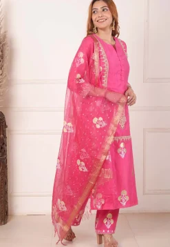 Foil Printed Chanderi Silk Aline Suit in Pink