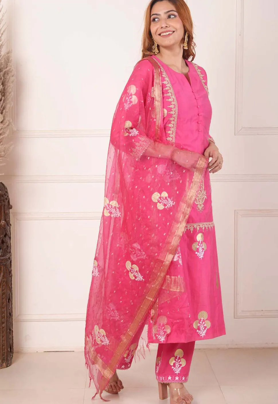 Foil Printed Chanderi Silk Aline Suit in Pink
