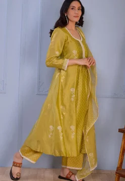 Foil Printed Chanderi Silk Pakistani Suit in Light Green