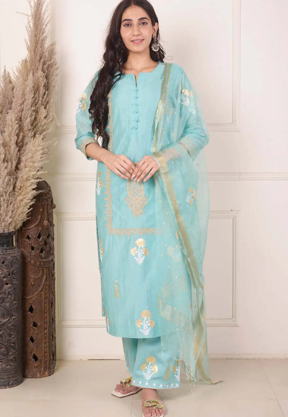 Foil Printed Chanderi Silk Aline Suit in Light Teal Blue