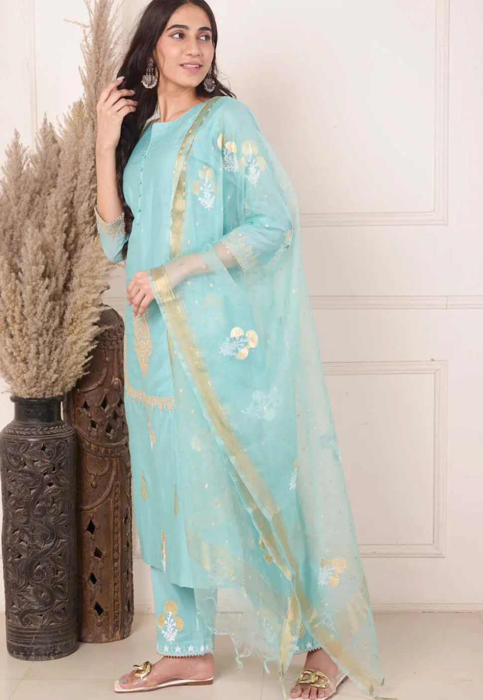 Foil Printed Chanderi Silk Aline Suit in Light Teal Blue