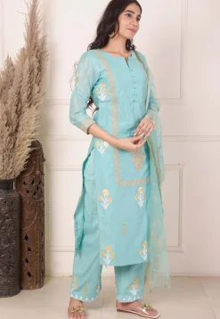 Foil Printed Chanderi Silk Aline Suit in Light Teal Blue