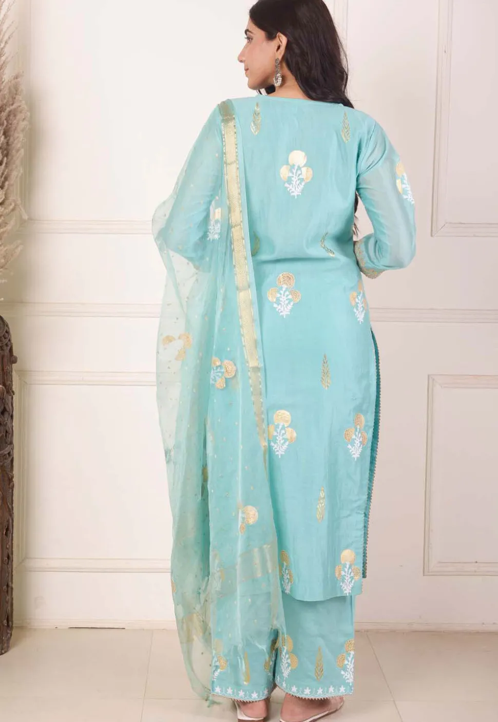 Foil Printed Chanderi Silk Aline Suit in Light Teal Blue