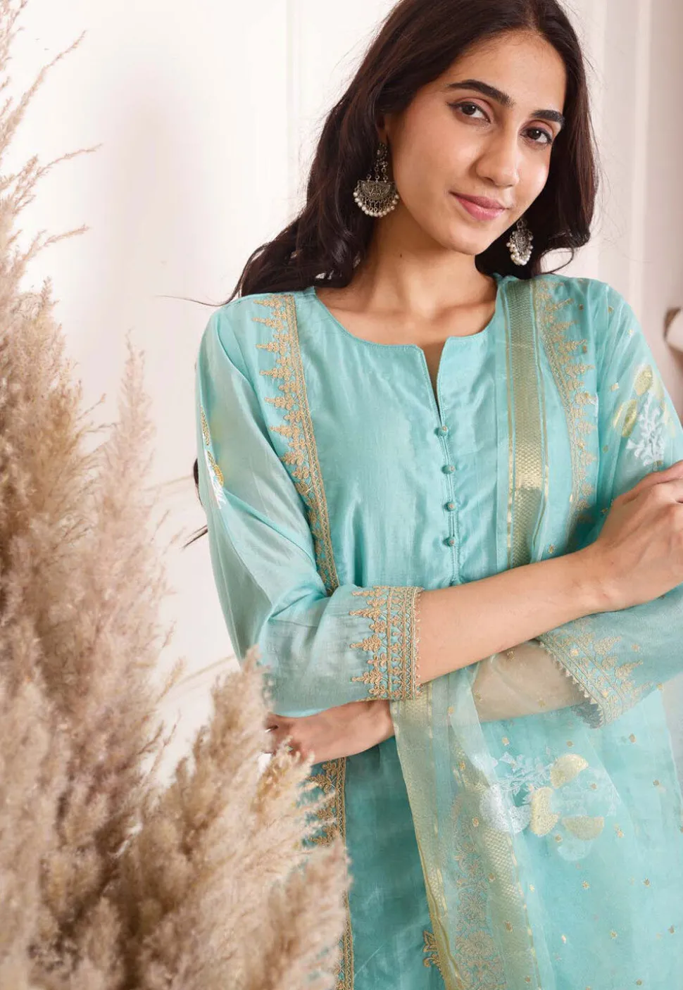 Foil Printed Chanderi Silk Aline Suit in Light Teal Blue