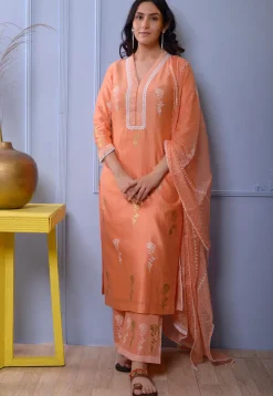 Foil Printed Chanderi Silk Pakistani Suit in Orange