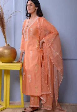 Foil Printed Chanderi Silk Pakistani Suit in Orange