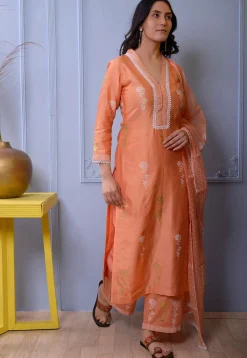 Foil Printed Chanderi Silk Pakistani Suit in Orange