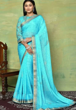 Foil Printed Chiffon Saree in Turquoise