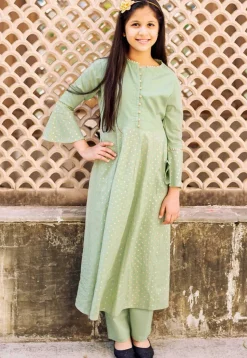 Foil Printed Cotton A Line Kurta Set in Pastel Green