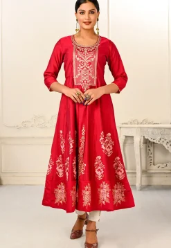 Foil Printed Cotton Anarkali Kurta in Red