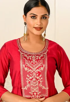 Foil Printed Cotton Anarkali Kurta in Red