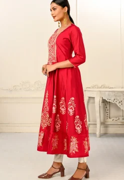Foil Printed Cotton Anarkali Kurta in Red