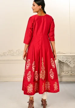 Foil Printed Cotton Anarkali Kurta in Red