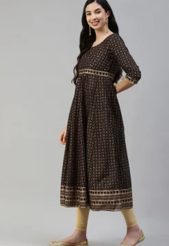 Foil Printed Cotton Anarkali Suit in Black