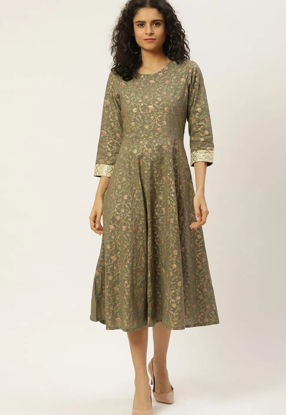 Foil Printed Cotton Anarkali Kurta in Grey