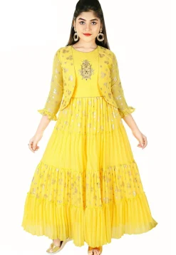 Foil Printed Cotton Gown in Yellow
